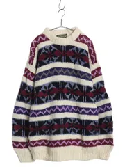 【お得なクーポン配布中!】 80s 90s エクアドル製 RAY WEAR ウール ニット セーター メンズ L レディース XL 程 総柄 オールド ヴィンテージ ハンドメイド ローゲージ