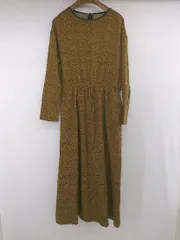 ◇ OWLSPALE. 総柄 バックリボンデザイン 長袖 ロング ワンピース サイズF ダークイエロー ブラック系 レディース P  【1306160004001】