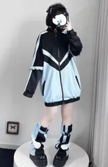 3点セット サブカルチャー ストリート系 スポーツウェア アイドル系 アウター レッグカバー 襟付き セットアップ 病みかわ ゴスロリ ロリータ 地雷系 量産型 V系 原宿系 韓国ファッション オーバーサイズ ジップアップトラックジャケット 水色 ブラック