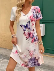 【新品】レディース バタフライ&フラワープリントVネック半袖ドレス