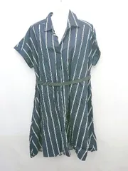 ◇ ◎ LA DUREE リネン ストライプ フレンチスリーブ 膝下丈 シャツ ワンピース サイズ9 ネイビー ホワイト レディース P  【1308160089514】