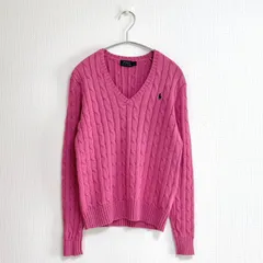 POLO RALPH LAUREN 【極美品】ポロラルフローレン コットン　ケーブルニット　Vネック ピンク SP Mサイズ相当　コットン 綿 定番 ポニー刺繍 手洗い可 春ニット　カジュアル　スリムフィット　ミドル丈　人気　セーター　プルオーバー　トップス
