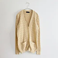 【希少XLサイズ】POLO RALPH LAUREN　ポロ ラルフローレン コットン ケーブルニット カーディガン イエローベージュ 綿100% ポニー刺繍 Vネック メンズ 大きいサイズ  コットン100% 刺繍ロゴ　定番人気　カジュアル　リラックス　春物