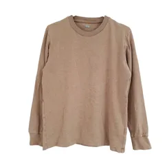 A1084 ユニクロ UNIQLO Tシャツ 長袖 ロンT (M) 茶 無地 綿/コットン Uネック