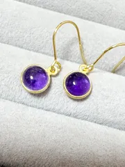 宝石質アメジストAAA- 枠留めラウンドピアス（サージカルステンレス）K18 メッキ