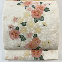 【美品】 袋帯 名品 桜 花びら クリーム 六通 正絹 【中古】