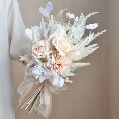 ドライフラワー風造花ウェディングブーケ/ホワイトブーケ/ブートニア付き