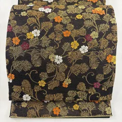 【美品】 袋帯 名品 落款 関西仕立て 桜 葉柄 金糸 刺繍 焦茶色 六通 正絹 【中古】