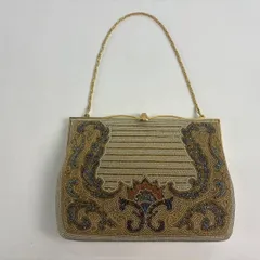 【美品】 和装バッグ 優品 ビーズバッグ フォーマル 花唐草 縞 ベージュ ビーズ 和装小物  【中古】