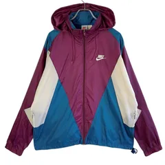 90sナイキNikeナイロンジャケットウィンドブレーカーフーディパーカー裏地メッシュスウッシュロゴ刺繍ワンポイント白ホワイト青ブルー臙脂バーガンディアウトドアスポーツゆるダボオーバーサイズ銀タグvintageヴィンテージ51112