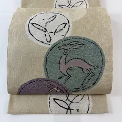 【美品】 袋帯 名品 丸文 動物 金糸 箔 ベージュ 六通 正絹 【中古】