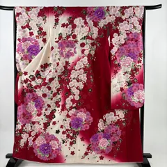振袖 身丈165cm 裄丈65.5cm M 袷 牡丹 桜 刺繍 箔 クリーム 正絹 名品 【中古】