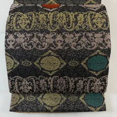 【美品】 袋帯 名品 関西仕立て 花唐草 幾何学 箔 黒灰 六通 正絹 【中古】