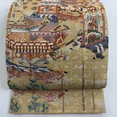 【美品】 袋帯 逸品 明綴れ 風景 山車 金銀糸 金色 六通 正絹 【中古】