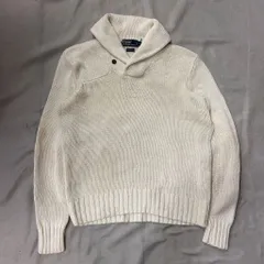 90s～ POLO Ralph Lauren ポロ ラルフローレン ショールカラーニット リネンコットン 肘パッチ付き 白 white SIZE L No.T175