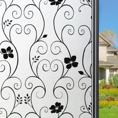 寝室 玄関 貼り直し可能 窓 UVカット 断熱 静電気吸着タイプ 遮光 目隠しシート 飛散防止 すりガラス調 台風対策 窓用フィルム 黒Ｍ花柄 シール (0.44M ステンドグラス X 窓ガラス目隠しフィルム 2M) Qualsen