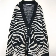ザラ　ニットカーディガン　レディースXL相当　花ボタン　ゼブラ柄　ウール