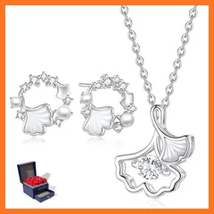 【新品】 [YINCHIE] ネックレス ピアス セット 2点入り 「バラの造花」 イチョウモチーフ シルバー 925 金属アレルギー対応 ジルコニア お守り ジュエリー セット 豪華ラッピング 引き出し付きフラワーギフトボックス 誕生日 結婚記念日 母の 0
