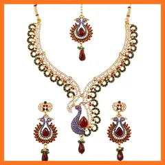 【新品】 Touchstone Indian Bollywood Peacock Minakariブルーレッドホワイトブライダルジュエリーネックレスセットアンティークゴールド 0