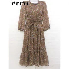 ◇　◎ mysty woman ハイネック　花柄　ウエストゴム　 長袖 膝下丈 ワンピース サイズF ブラウン　マルチ レディース  【中古】 【1107160007302】