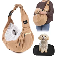 新品 ペットスリング 犬 抱っこ紐 小型犬 肩パッド メッシュネット ポケット 飛び出し防止用ストラップ付 猫 抱っこ紐 (カー キ) Sufron