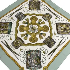 HERMES(エルメス) スカーフ カレ90 ライトグリーン×白×イエロー×マルチ LES TAMBOURS