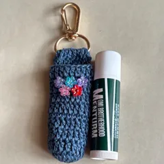 ハンドメイド】アイスブルー×花ビーズ　リップケース　編み物