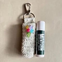 ハンドメイド】ホワイトラメ×花ビーズ　リップケース　編み物
