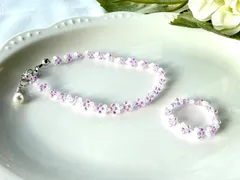 No.6 ビーズのブレスレットと指輪のセット ピンク×ホワイト