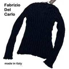 【Fabrizio Del Carlo/ ファブリツィオデルカルロ】メンズニット デザインニット メリノウール イタリア製 Vネック 長袖 伸縮性 ネイビー 紺 洗濯OK（中古・未使用）