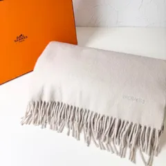カシミヤ１００％　✨BCランク　HERMES　　マフラー　大判　ストール　ショール　フリンジ　グレー　ロゴ刺繍
