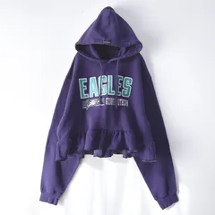 古着リメイクパーカー　パープル　紫　ワッペンロゴ　裾フリル　ゆったり幅　裏起毛プルオーバー  フーディー　レディーストップス　冬