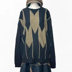 日本 ヴィンテージ USA ZIGZAG ナバホ パータン オーバーサイズ ロング丈 ニットTシャツ ブラック 森ガール はぐみ 룩