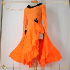 社交ダンス 衣装 ラテン ドレス ワンピース パーティ衣装 レディース SEKINE セキネ 黒 ブラック系 オレンジ系 リボン レース 長袖 派手 フォーマル コスチューム 蛍光色 日本製 大人可愛い チョーカー付き ゆったり 伸縮性 おしゃれ