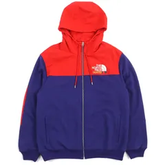 極美品△GUCCI THE NORTH FACE グッチ ザ・ノースフェイス 22SS 671462 ロゴプリント スウェット切替 フーディ ジップアップ パーカー ブルー レッド M ハンガー付き イタリア製 正規品 メンズ オススメ◎