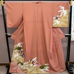付け下げ　訪問着　着物　袷　ポリ　洗える着物　仕付け付き　ピンク　リサイクル着物　h-869