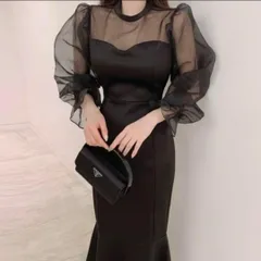 シースルー パフスリーブ298　ワンピース ドレス ブラック パーティー　黒 お呼ばれ　結婚式　二次会　卒業式　ディナー　同窓会　記念日　デートロング丈