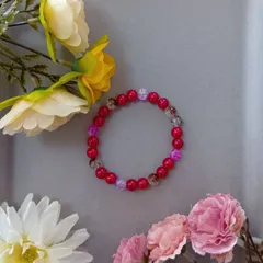 レッド・ピンク・パープル・ブラウン ミックスビーズブレスレット（16cm）／ハンドメイド・艶あり＆ラメ入り