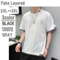 フェイクレイヤード Tシャツ メンズ 重ね着風 ワンポイント ロゴ 半袖 トップス 汎用