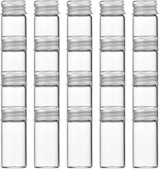 HIRAISM 小瓶 ガラス ミニボトル 蓋付き 透明 小分け 容器 密閉 液体保存 (シルバー,  10ml 20個セット)