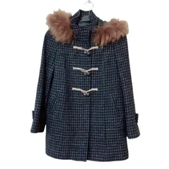 zk4  【美品】KUMIKYOKU　組曲　クミキョク　ツィード　フード付きダッフルコート　ジップアップ　ジャケット　モノトーン　黒　ブラック　レディース　S2 小さいサイズ　希少　オシャレ　ファー取り外し可能　ウール　リネン　タヌキ　ラクーン