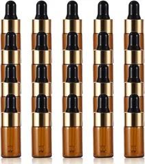 HIRAISM 遮光瓶 スポイト 小瓶 アロマオイル 精油 詰め替え 保存用 ガラス製 金蓋 20本セット (ブラウン,  3ml)