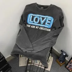 《新品・未使用》LOVE グラフィック プリント ヴィンテージ風 ウォッシュ加工 クルーネック 長袖Tシャツ ブラック ユニセックス S～XL(K)