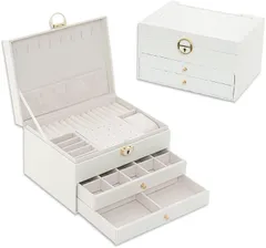 Nicheez ジュエリー ボックス アクセサリー ケース 宝石箱 小物収納 大容量 レザー調 鍵付 (ホワイト,  (3段)約23x17x13.5cm)