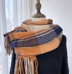 【オレンジ】マフラー レディース チェック 大判 ストール ショール 秋冬 防寒 おしゃれ 暖かい 上品 ギフト あたたかい かわいい