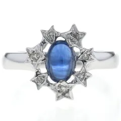 K14WG リング ブルートルマリンキャッツアイ 1.37ct ダイヤモンド カボション 星 スター 取り巻き 指輪 11号【新品仕上済】【zz】【中古】