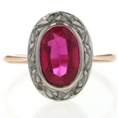 K18PG WG ピンクゴールド ホワイト リング 合成ルビー オーバル 大粒 彫金 アンティーク 指輪 9.5号【新品仕上済】【zz】【中古】