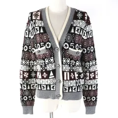 極美品△CHANEL シャネル P62167K47783 カシミヤ100％ ココマーク・雪の結晶ボタン スノーフレーク 総柄 Vネック ニット カーディガン グレー ホワイト ブラック ブラウン 36 英国製 レディース オススメ◎