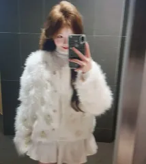 (海外配送)ホワイト ファー パール装飾 ジャケット
