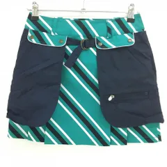 【美品】マンシングウェア 2WAYスカート グリーン×白×ネイビー 斜めストライプ 前面プリーツ レディース 7 ゴルフウェア Munsingwear